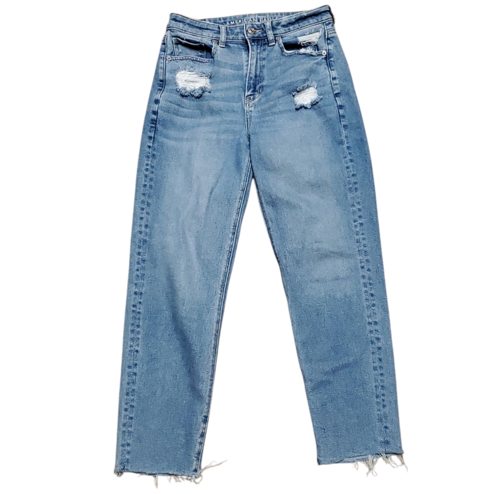 American Eagle Stretch Women Distresses Holey Mom Straight Denim Jeans